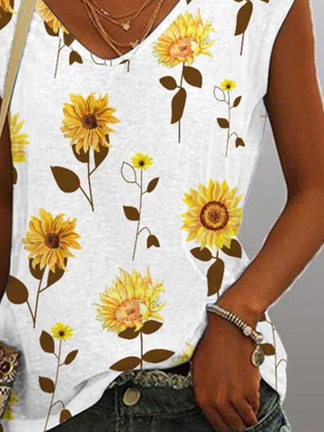 Jersey Sunflower Printed Casual Tank Top