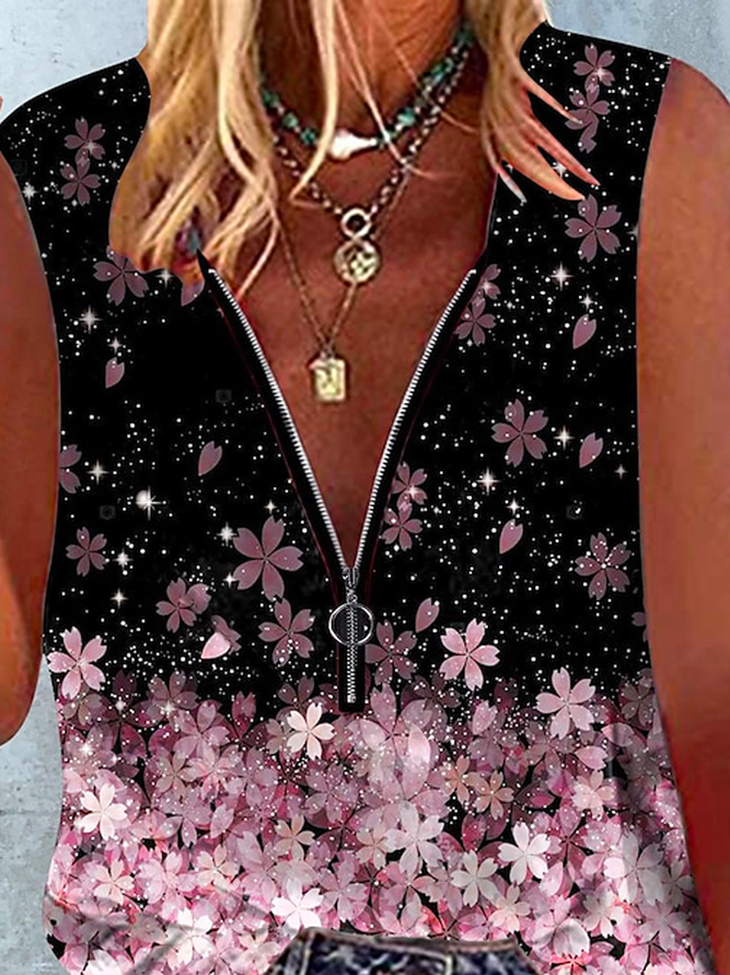 V Neck Casual Cherry Blossoms Tank Top