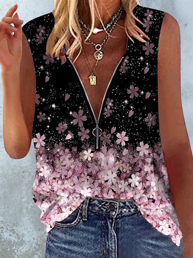 V Neck Casual Cherry Blossoms Tank Top