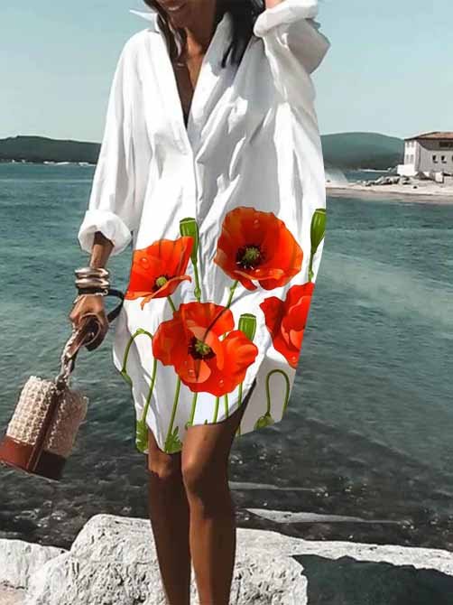 Shirt Collar Loose Casual Printing Dress