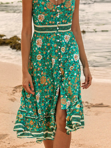 Buckle Sleeveless Floral Vacation Dress
