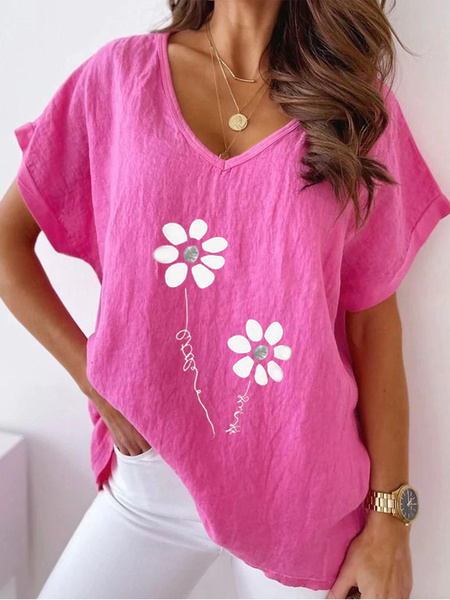 Plus Size Crew Neck Loose Casual Cotton Shirt