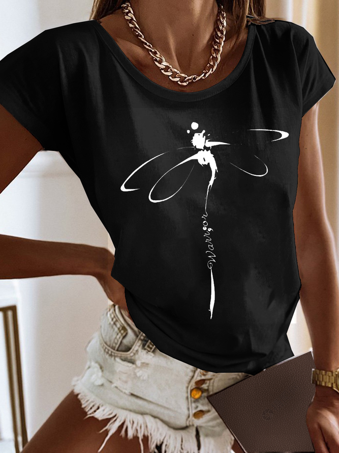 Basic Casual Loose Dragonfly Logo Crew Neck Jersey Short Sleeves T-Shirt 