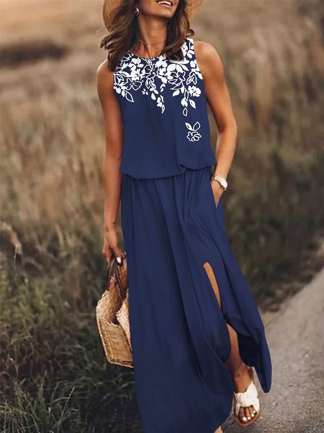 Casual Loose Floral Printed Crew Neck Dress
