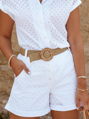 Eyelet Loose Casual Plain Jumpsuit