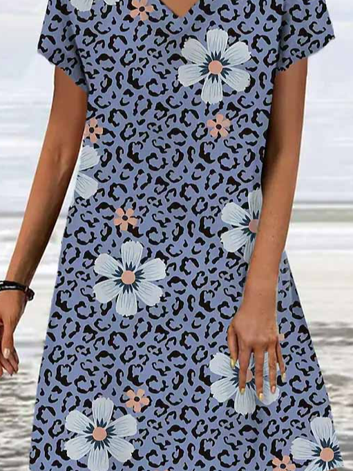 V Neck Casual Jersey Floral Dress