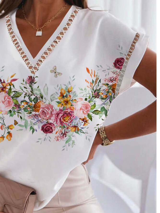 Lace V Neck Casual Loose Shirt