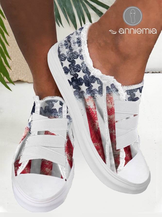 Comfortable Lightweight Soft Sole American Flag Adjustable Stretch Strap Canvas Shoes
