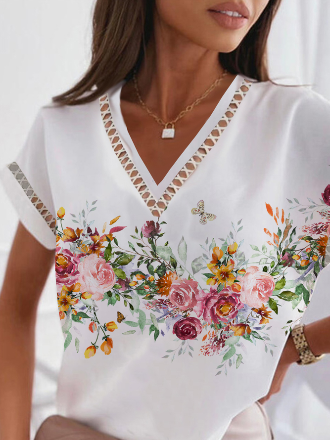 Lace V Neck Casual Loose Shirt