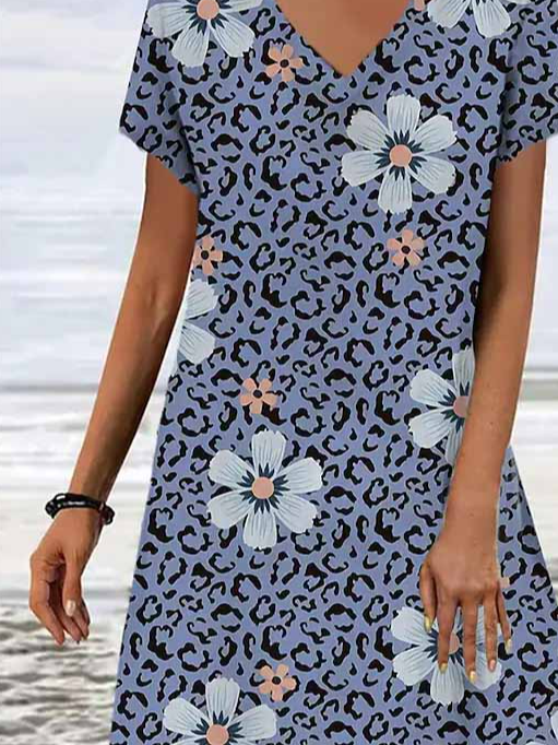 V Neck Casual Jersey Floral Dress