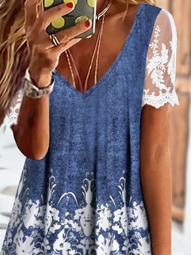 Floral V Neck Casual Patchwork lace Jersey Shirt