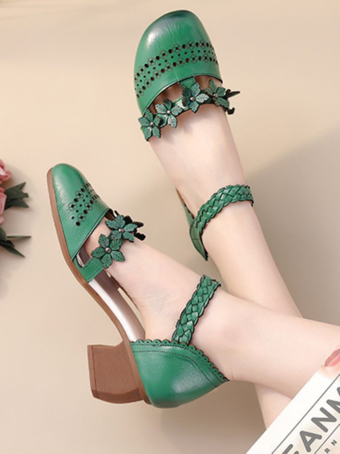 Vintage Applique Decor Braided Block Heel Cowhide Leather Sandals