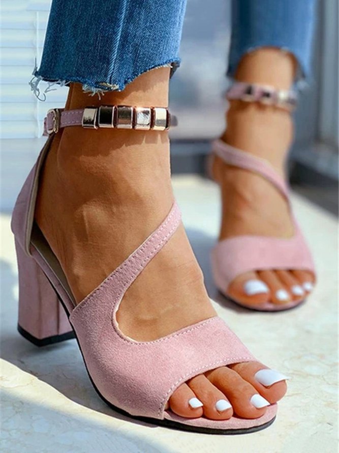 Beads Decor Chunky Heel Ankle Strap Sandals