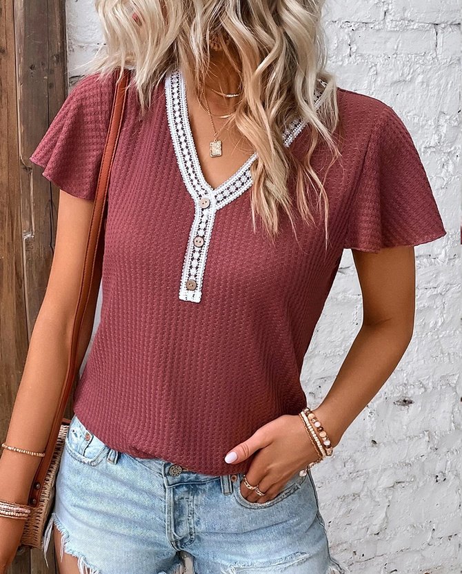 Contrast Lace Butterfly Sleeve Waffle Knit Tee