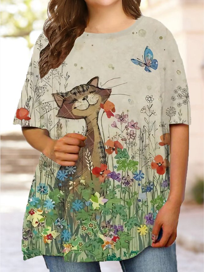 Plus Size  Casual Crew Neck Jersey Cat T-Shirt