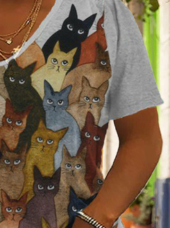 Plus Size V Neck Split Joint Cat Jersey Casual T-Shirt