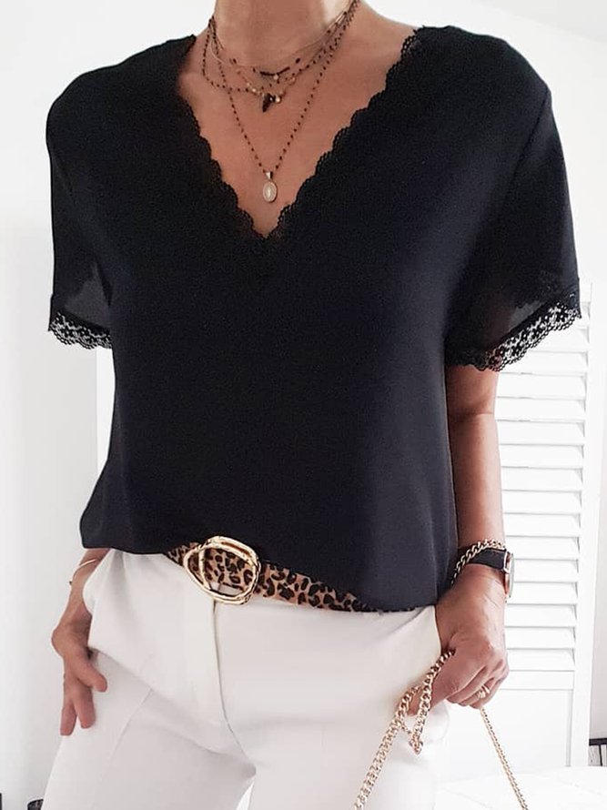 Lace Edge Loose Casual Plain Shirt