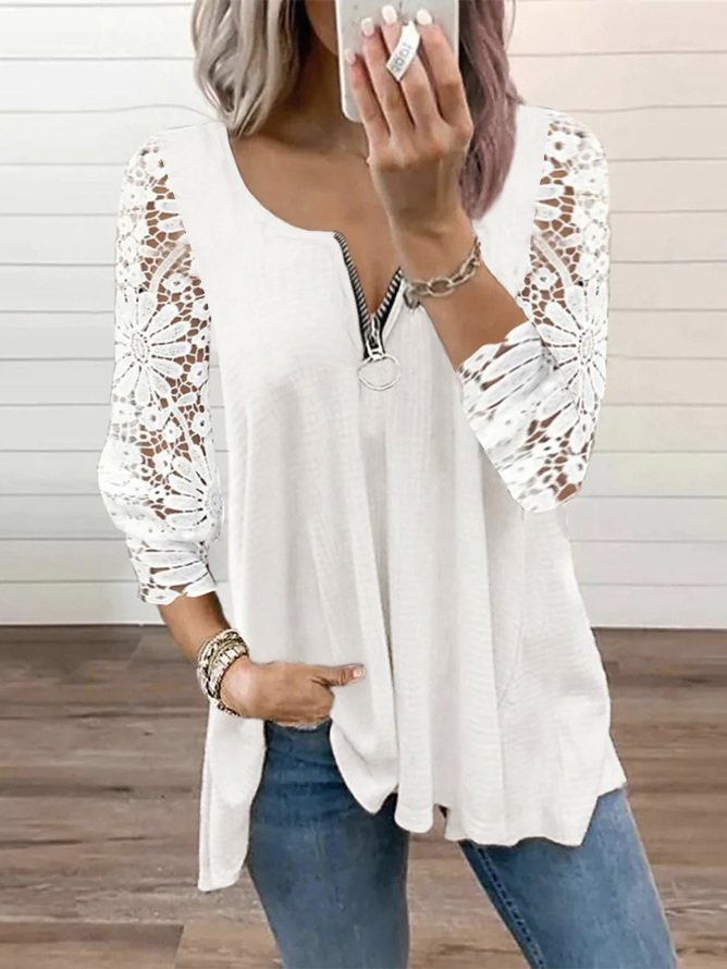 Plus Size Jacquard Lace Zipper Elegant T-Shirt