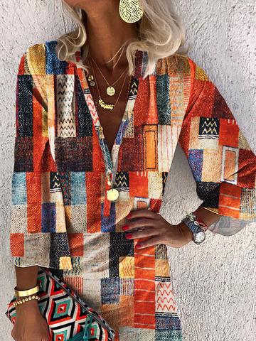 Color Block Geometric V Neck Vacation Tunic Dress