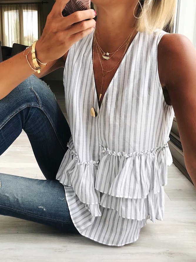 Loose Striped Casual V Neck Tank Top