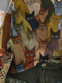 Plus Size V Neck Split Joint Cat Jersey Casual T-Shirt