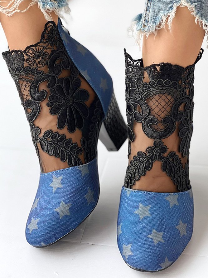 Black-blue Lace Paneled Denim Chunky Heel Sandals Boots