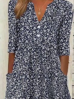 Plus Size Vacation Loose Disty Floral Half Open Collar Dress