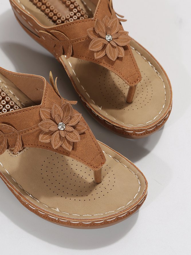 Women Rhinestone & Flower Decor Flip-flops Wedge Slide Sandals