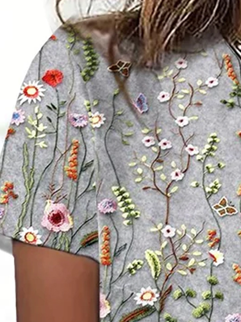 Plus Size Casual Jersey Floral Crew Neck T-Shirt