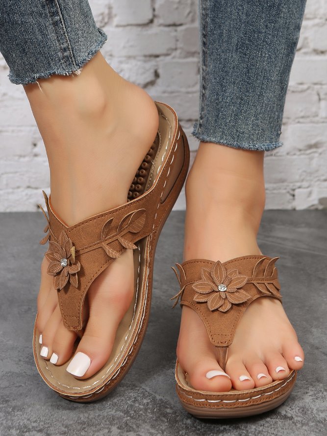 Women Rhinestone & Flower Decor Flip-flops Wedge Slide Sandals