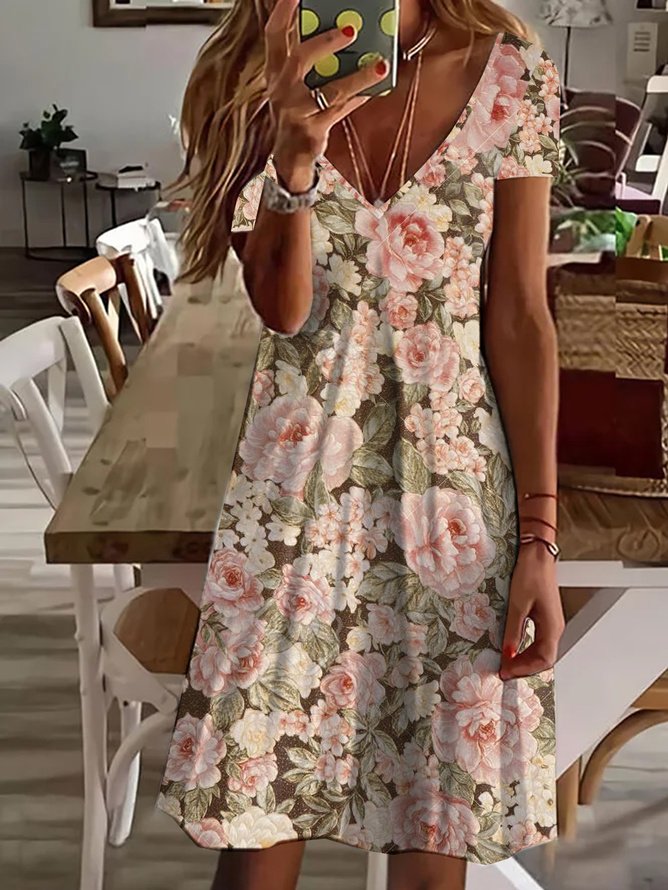 Plus Size Floral V Neck Regular Fit Vacation Dress