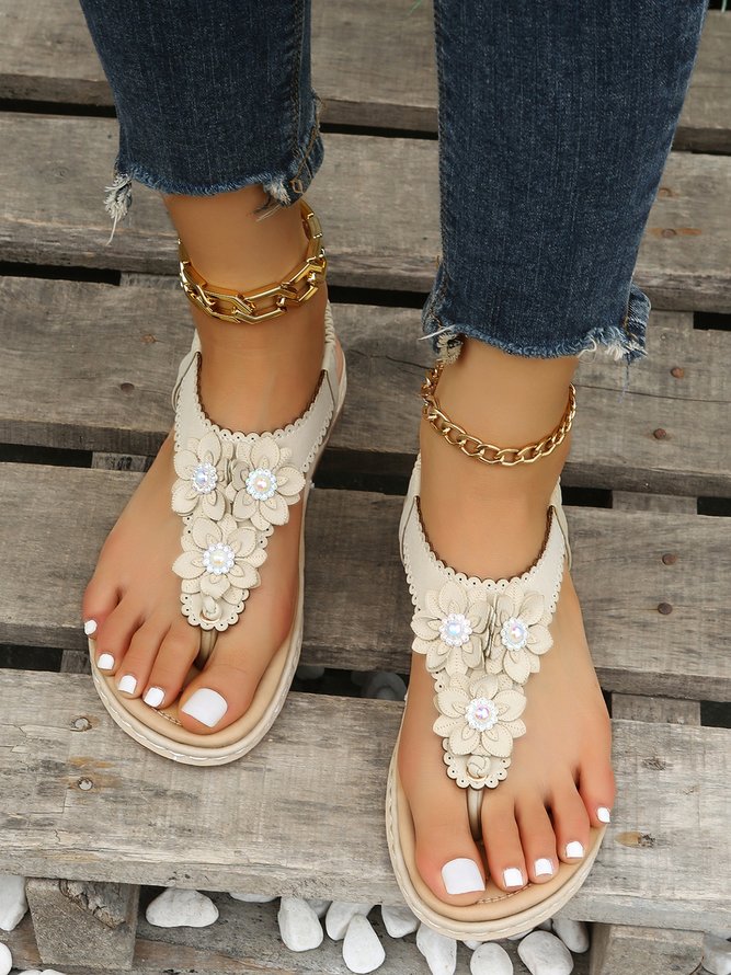 Applique Beaded Decor Comfy Sole Vacation Thong Sandals