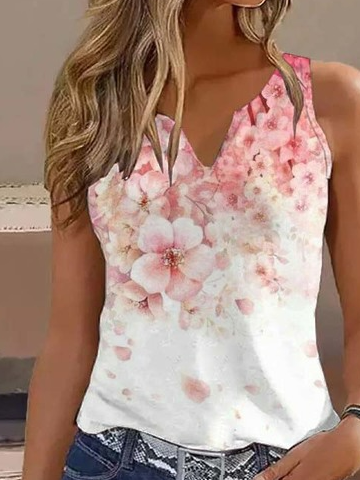Casual Notched Jersey Floral T-Shirt