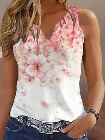 Casual Notched Jersey Floral T-Shirt
