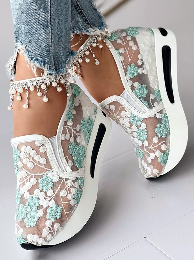 Floral Embroidery Breathable Sheer Mesh Sneakers