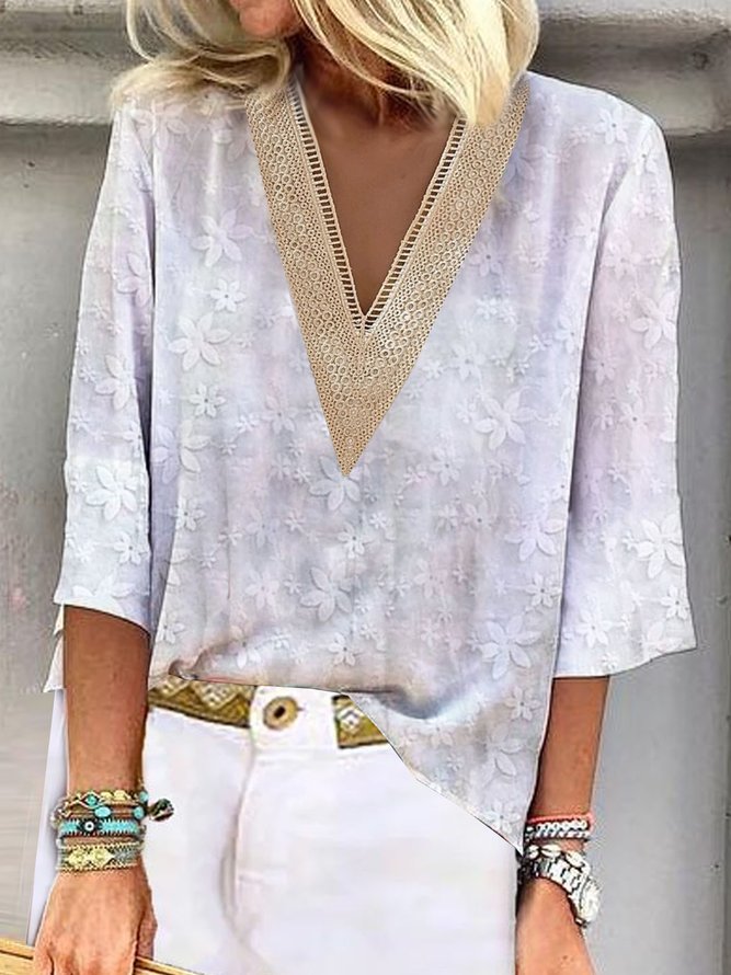 Hollow Out Patchwork lace Plain Casual Embroidery Blouses