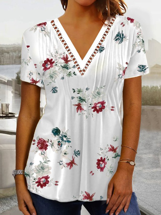 Casual V Neck Lace Floral Shirt
