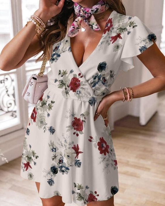 Casual V Neck Red Floral Jersey Dress