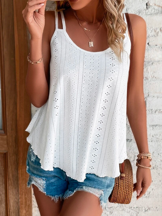Plain Solid A-Line Tank Casual Eyelet Embroidery Cami