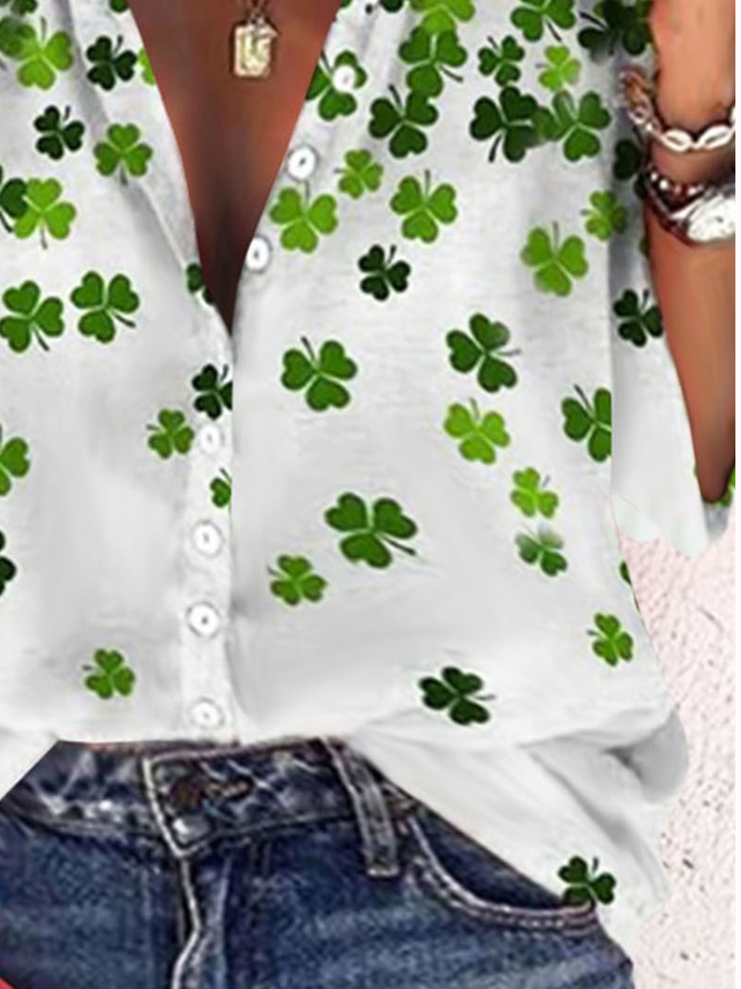St. Patrick's Day Plus Size Casual Shirt Collar Four-Leaf Clover Loose Blouse
