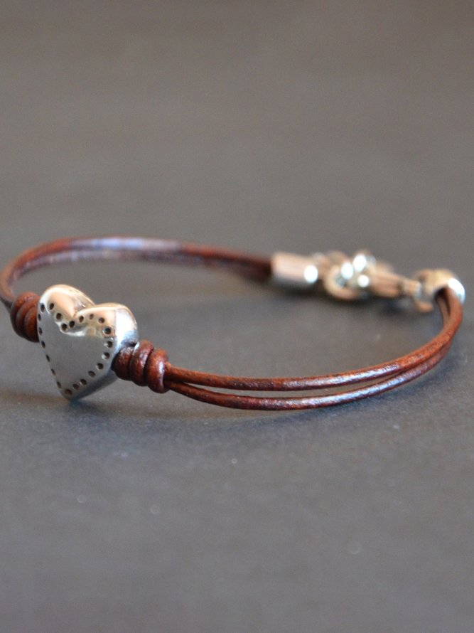 Casual Silver Heart Leather Rope Beaded Bracelet Everyday Casual Western Style Jewelry