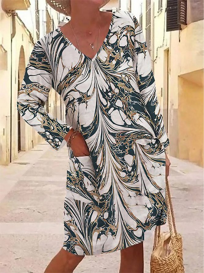 V Neck Abstract Pockets Casual Tunic Dress
