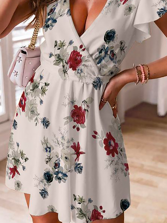 Casual V Neck Red Floral Jersey Dress