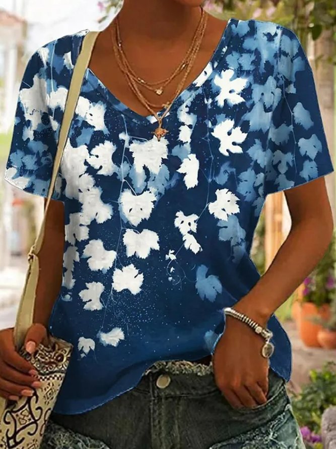 Casual Loose V Neck White Floral T-Shirt