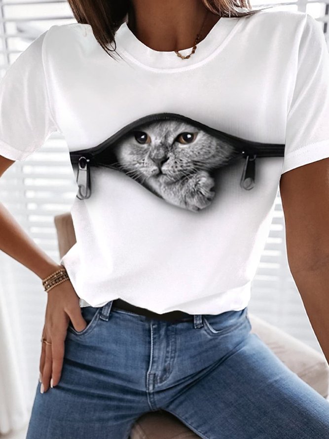 Jersey Casual Cat Loose Crew Neck T-Shirt