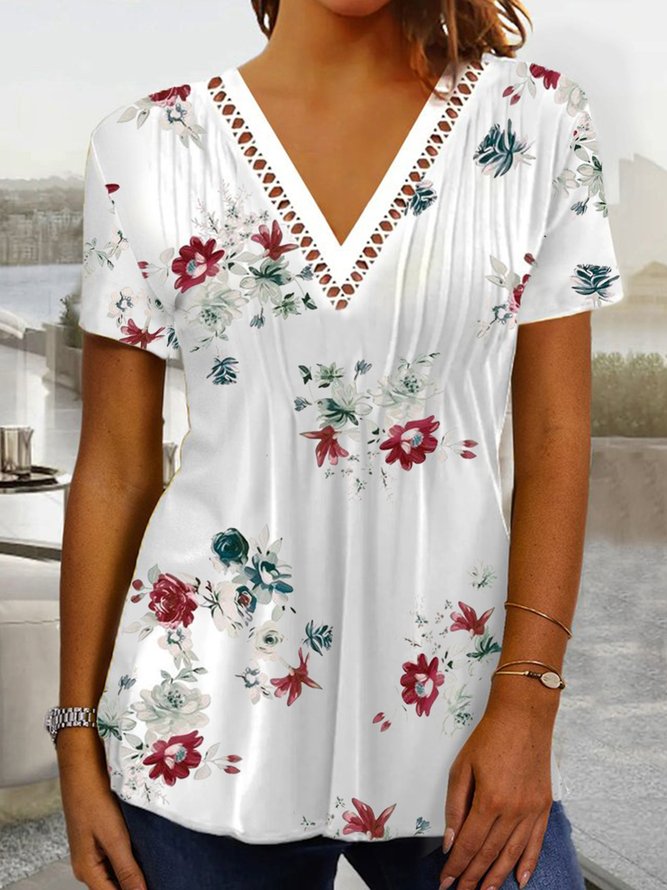Casual V Neck Lace Floral Shirt