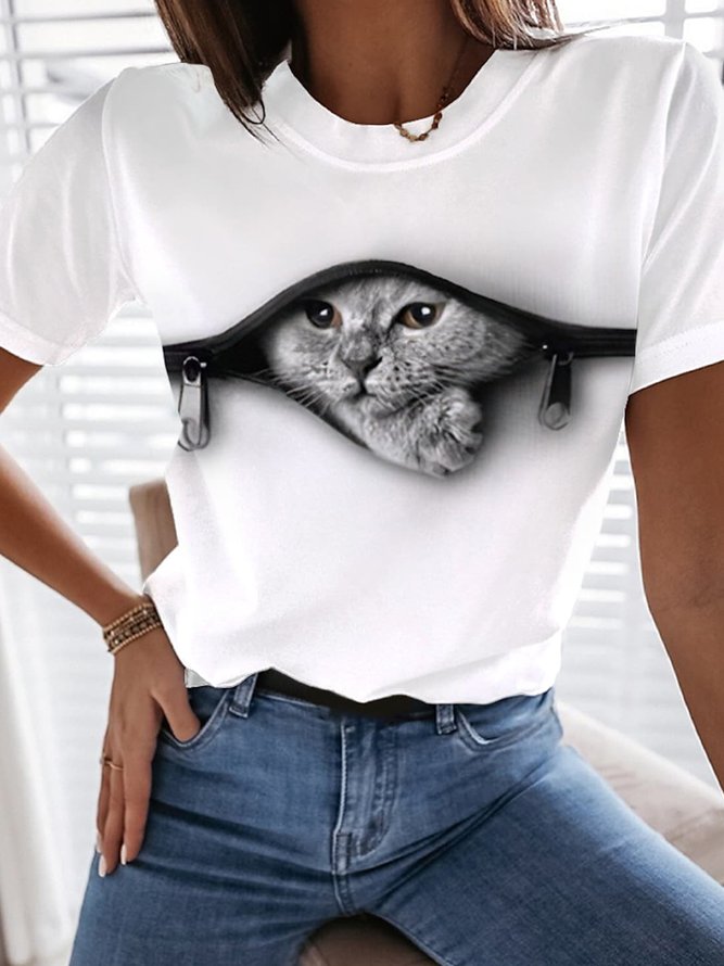 Jersey Casual Cat Loose Crew Neck T-Shirt