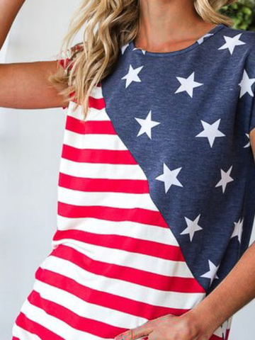 Casual Loose Crew Neck America Flag T-Shirt