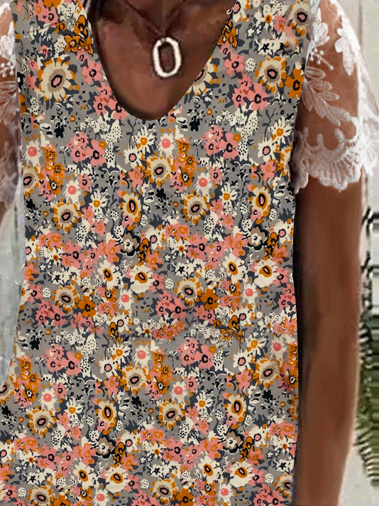 Red Floral V Neck Casual Loose Shirt