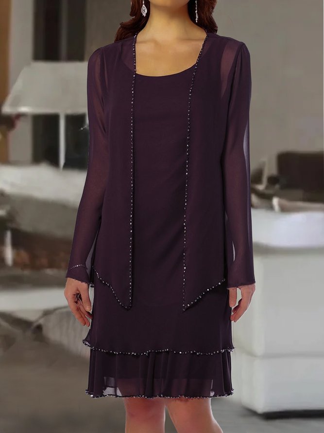 Casual Crew Neck Plain Chiffon Dress